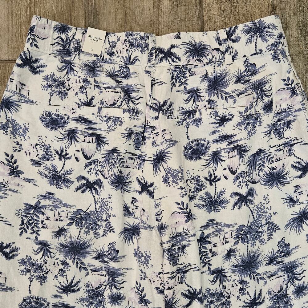 Abercrombie & Fitch Linen Blend Pants Women L Long NEW Blue White Print Wide Leg - Picture 8 of 14
